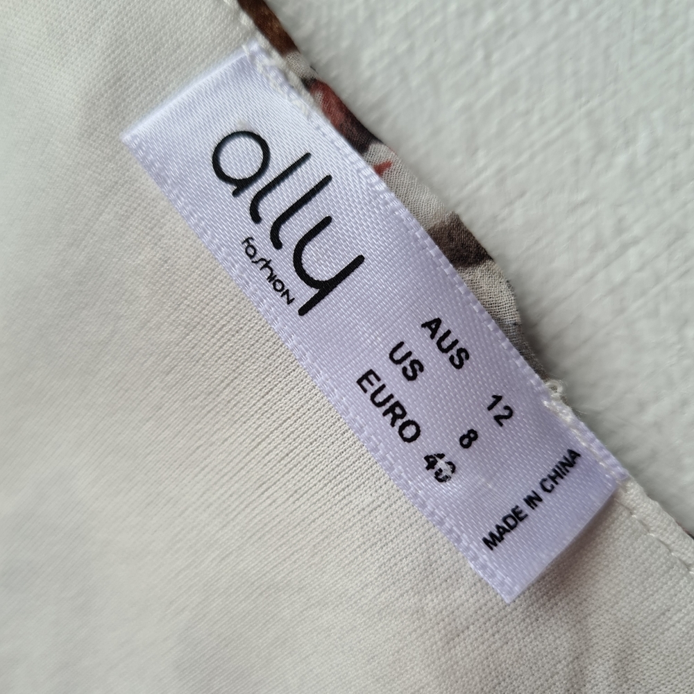 Ally Size 12 Womens V-Neck Cream Grey Sheer Puff Long Sleeves Floral Cropped Top - Picture 7 of 11